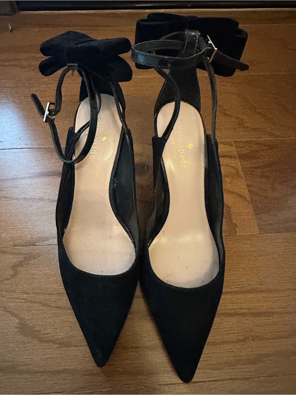 kate spade Black Suede Pointed Toe Ankle-Strap Heels with Bow
